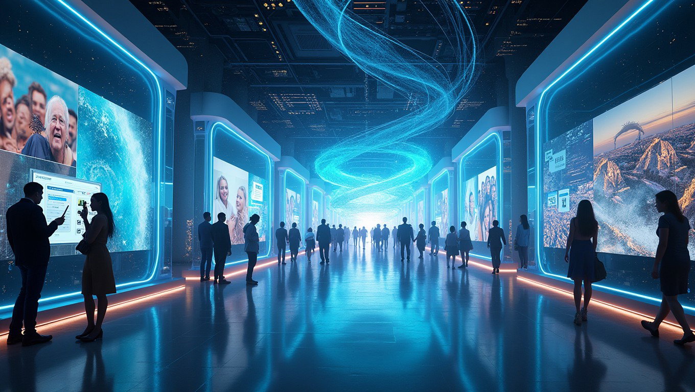 A dynamic futuristic digital landscape that encapsulates a revolutionary platform incorporating live streaming, short video sharing, e-commerce, blockchain payments, secure communication, digital memorials, life events, and entertainment