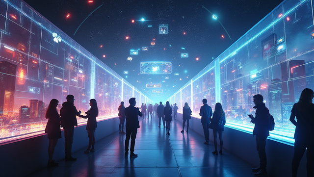 A captivating futuristic digital environment illustrating the Tesla Gate, a groundbreaking social networking platform redefining online connections and memory sharing