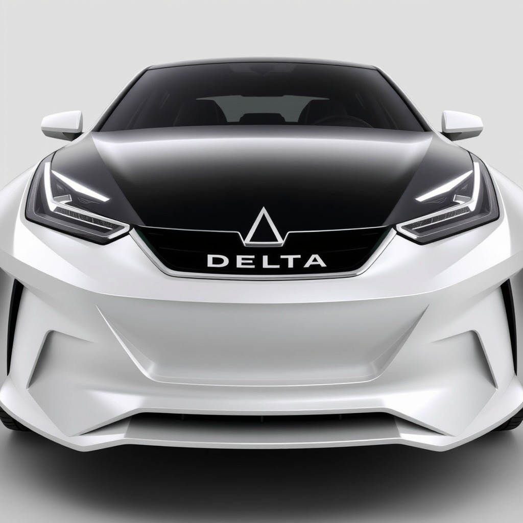 A premium sedan car featuring angular quad laser headlights with protruding corners, the DELTA logo prominently displayed between the headlights and the grille, which is positioned under the logo