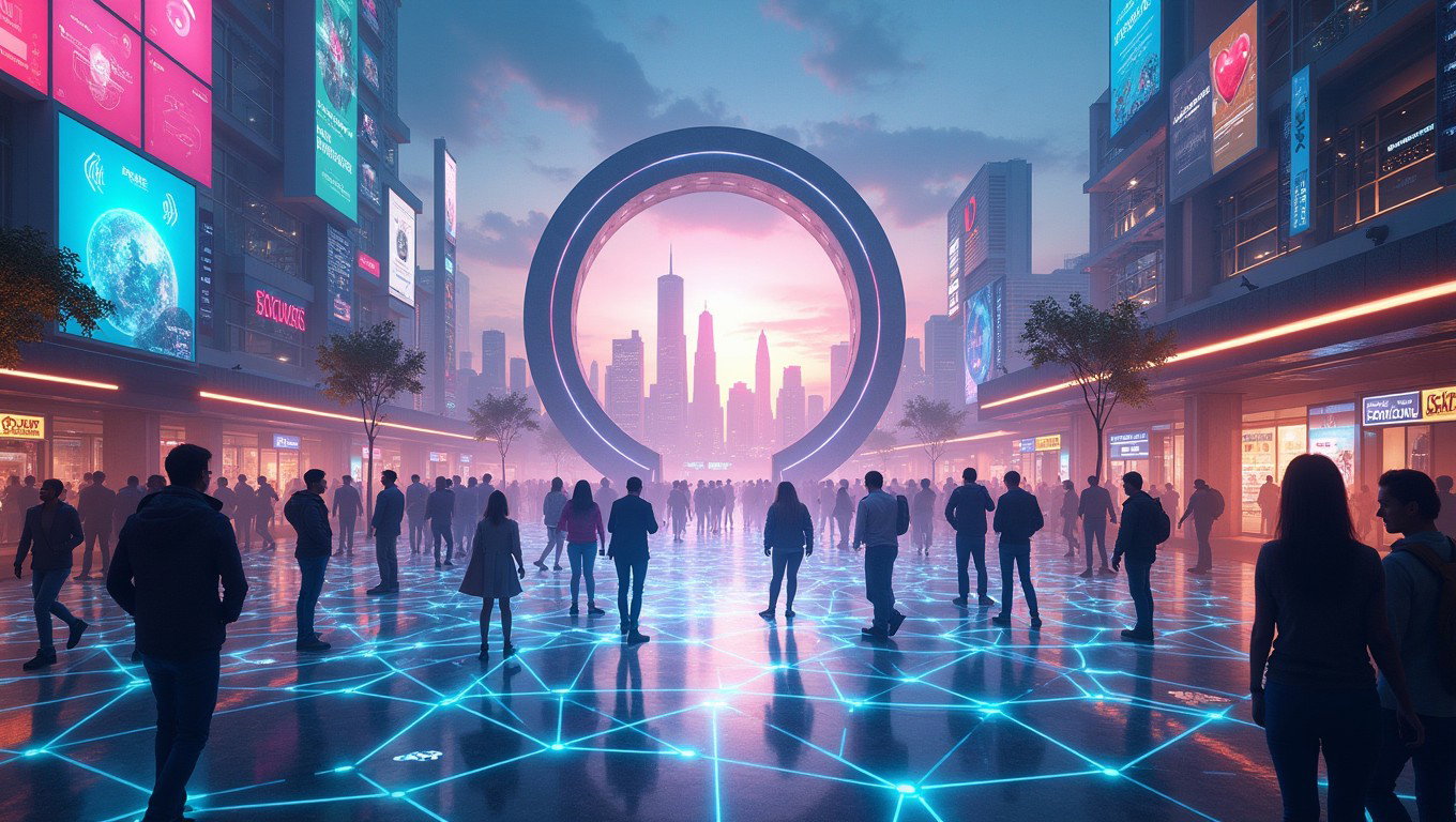 An inspiring and vibrant visual representation of the Tesla Gate Network as a digital movement, showcasing a dynamic ecosystem where communication, commerce, content, and community converge
