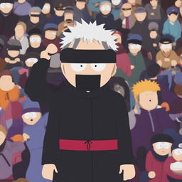 A digital art image portraying Satoru Gojo from Jujutsu Kaisen in the classic South Park style