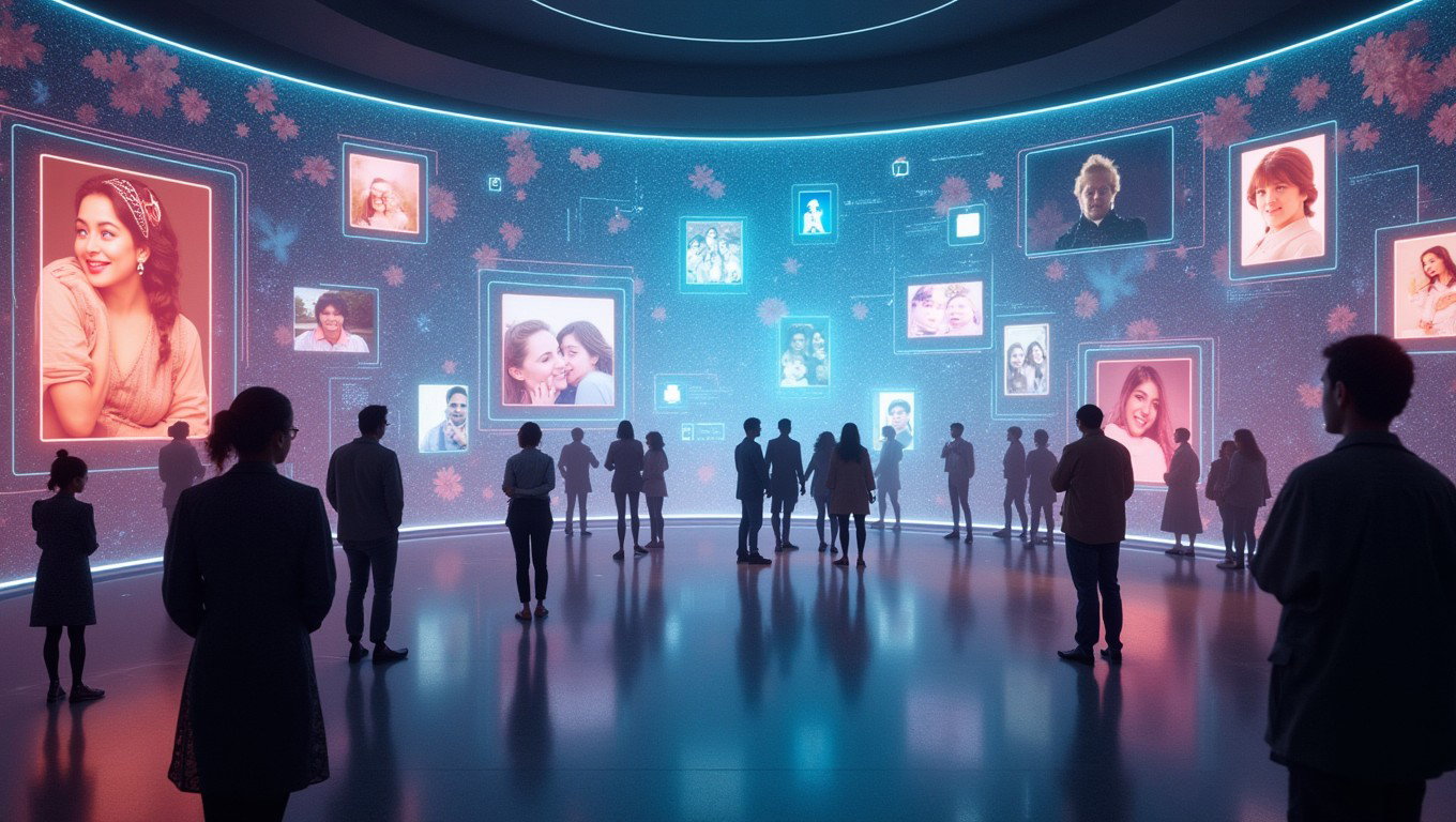 A captivating futuristic digital scene showcasing a social media platform that combines the best features of Instagram and Facebook, while introducing unique memorial profiles