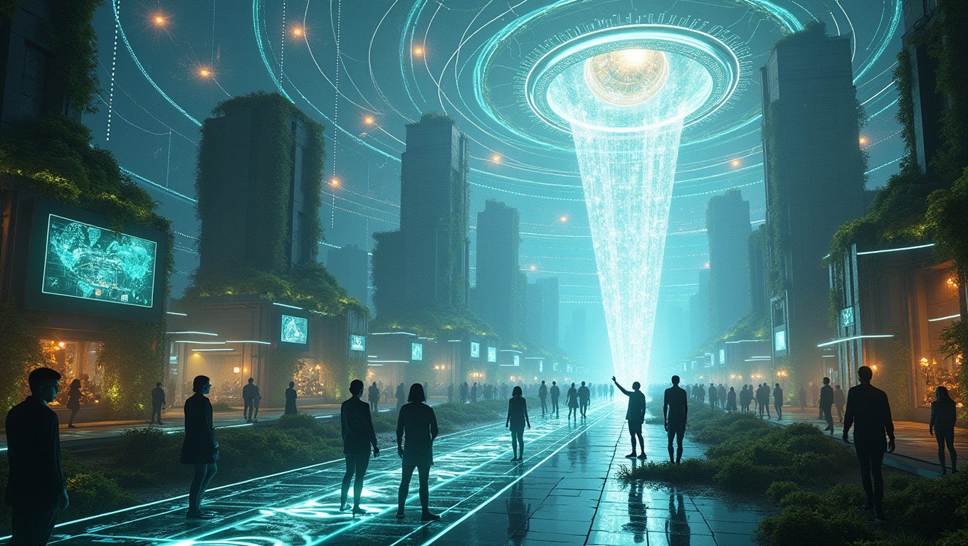 An inspiring futuristic digital landscape depicting the infrastructure for the future of the internet, characterized by a decentralized, user-powered system that feels limitless