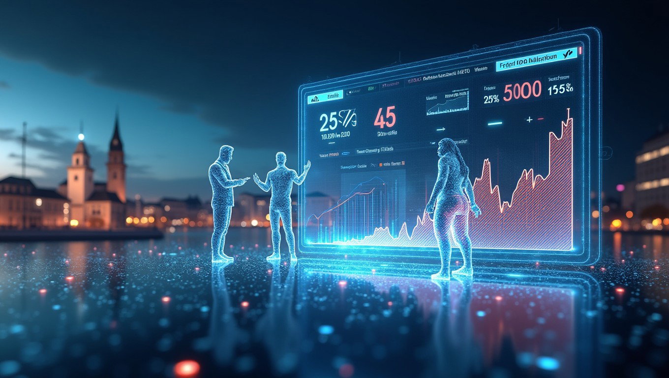 An impressive futuristic digital visualization representing a financial valuation process, focusing on the pre-IPO valuation of 250 million EUR and the expected post-IPO valuation exceeding 500 million EUR