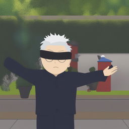 A digital art image portraying Satoru Gojo from Jujutsu Kaisen in the classic South Park style