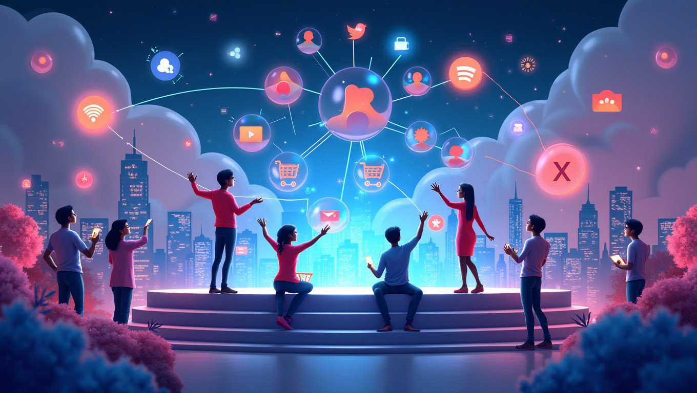 A powerful visual representation of a unified digital platform that offers interconnected services including social interactions, streaming media, e-commerce, communication, blockchain technology, and digital memorials