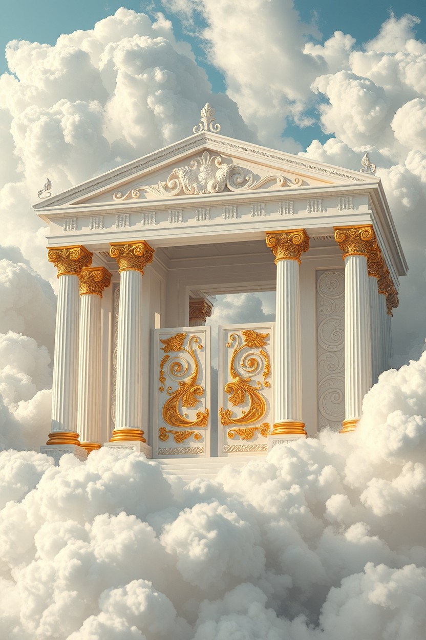 A stunning, surreal image of the Temple of Air emerging from a swirling sea of clouds