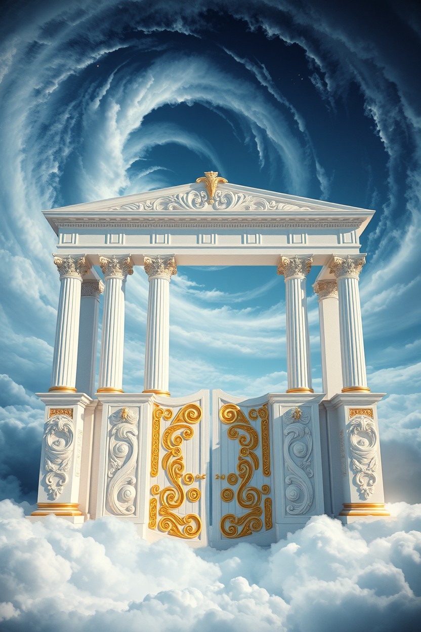 Suddenly, the sea of clouds begins to swirl, and from its center emerges slowly the Air Temple, made of white Greek columns with golden and silver details