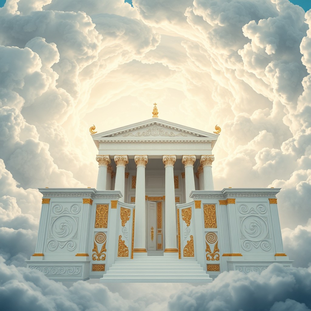 In a majestic and cinematic setting, billowing clouds gather in a swirling motion, from which the Air Temple slowly emerges at its center