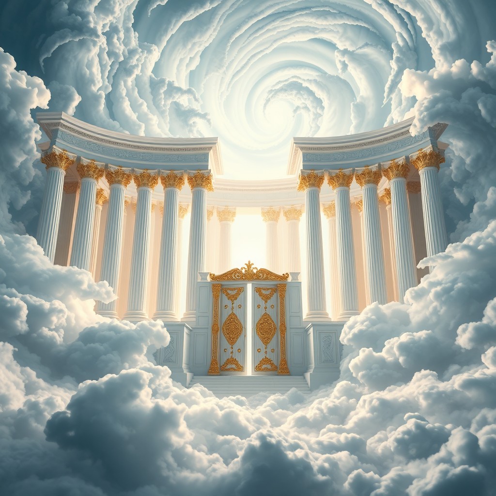 Suddenly, the sea of clouds begins to swirl, and from its center slowly emerges the enormous, majestic Temple of the Air