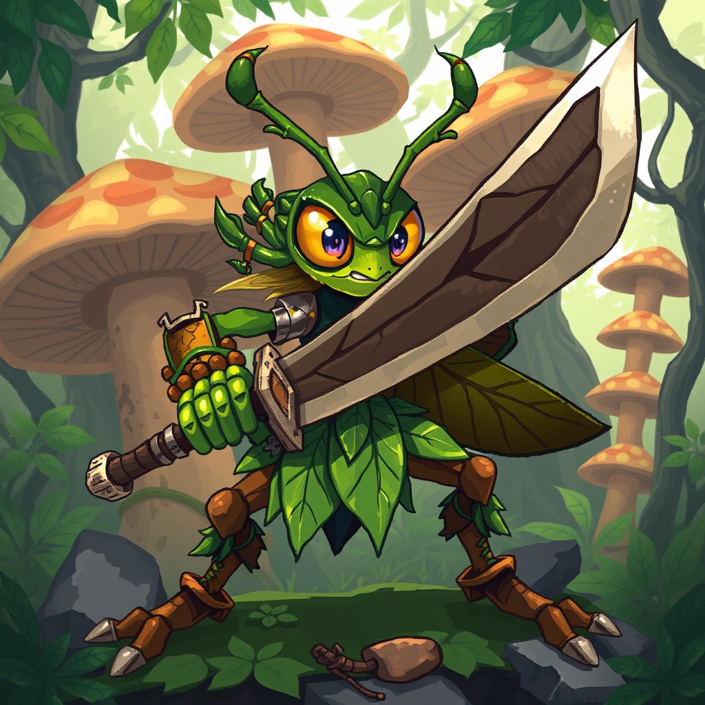 A pixel art character design of a bug warrior, featuring a strong and agile grasshopper-like creature