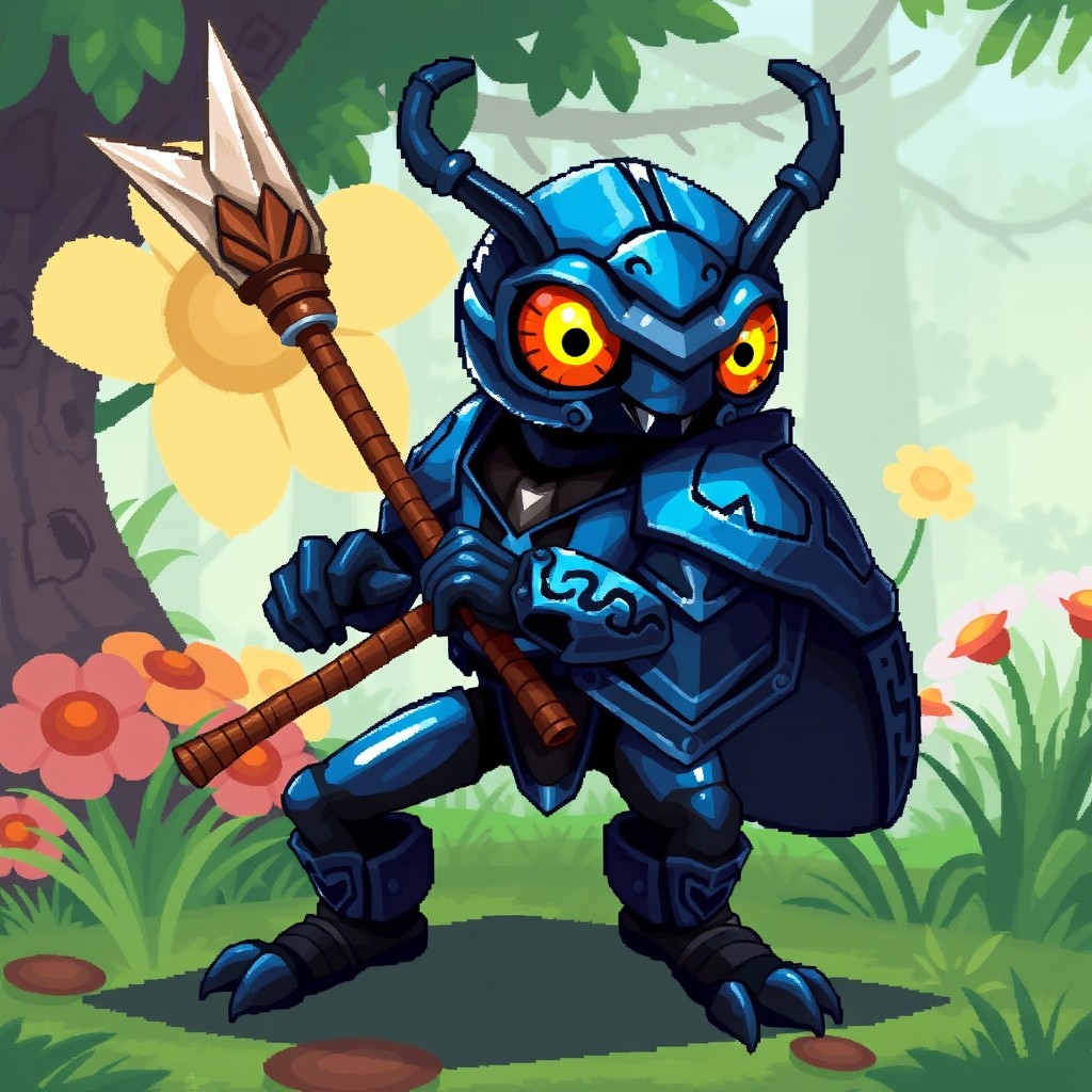 A pixel art character design of a bug warrior, specifically a fierce beetle warrior