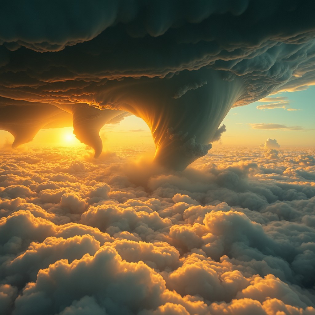 A vast sea of fluffy white clouds stretches endlessly to the horizon, illuminated by the golden light of a setting sun, while colossal storms of tornadoes and whirlwinds dance dramatically above the clouds