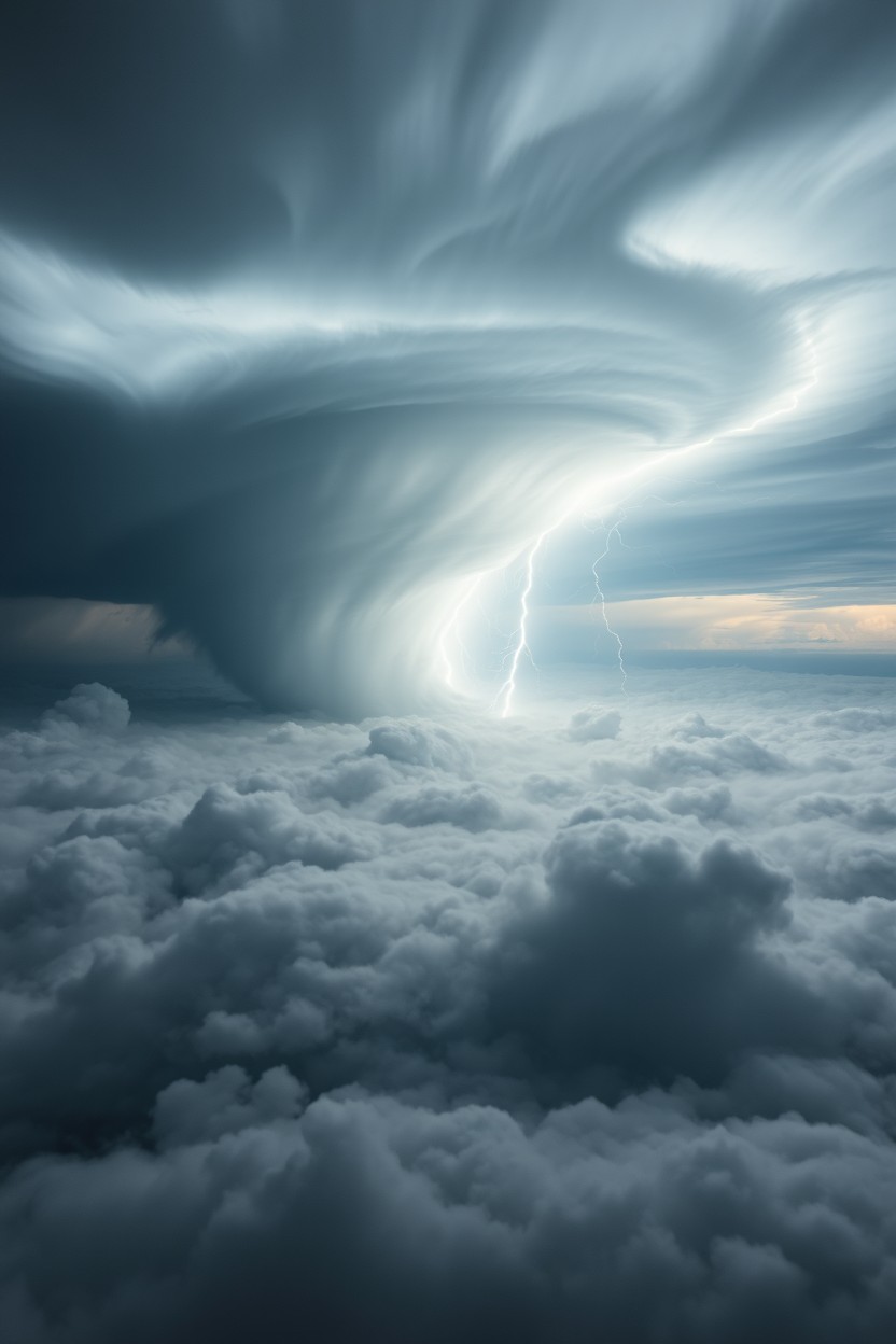 A vast sea of clouds stretches to infinity, with colossal storms forming tornadoes and whirlwinds dancing above them