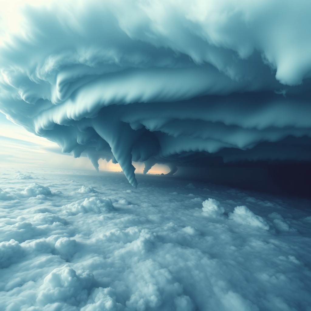 A vast sea of clouds stretching to infinity, with colossal storms forming multiple tornadoes and swirling winds dancing above