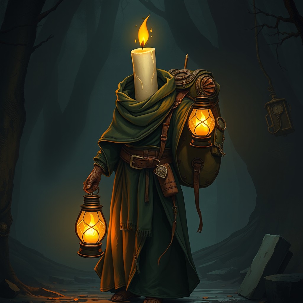 A traveler from an unusual race, characterized by a large candle instead of a head, donned in a long, flowing cloak that envelops their entire body