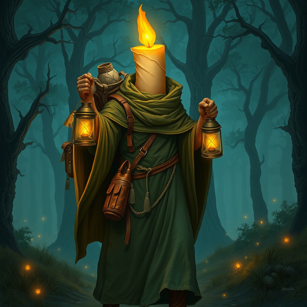 A traveler from an unusual race, featuring a large candle as their head, dressed in a flowing, long cloak that completely envelops their body