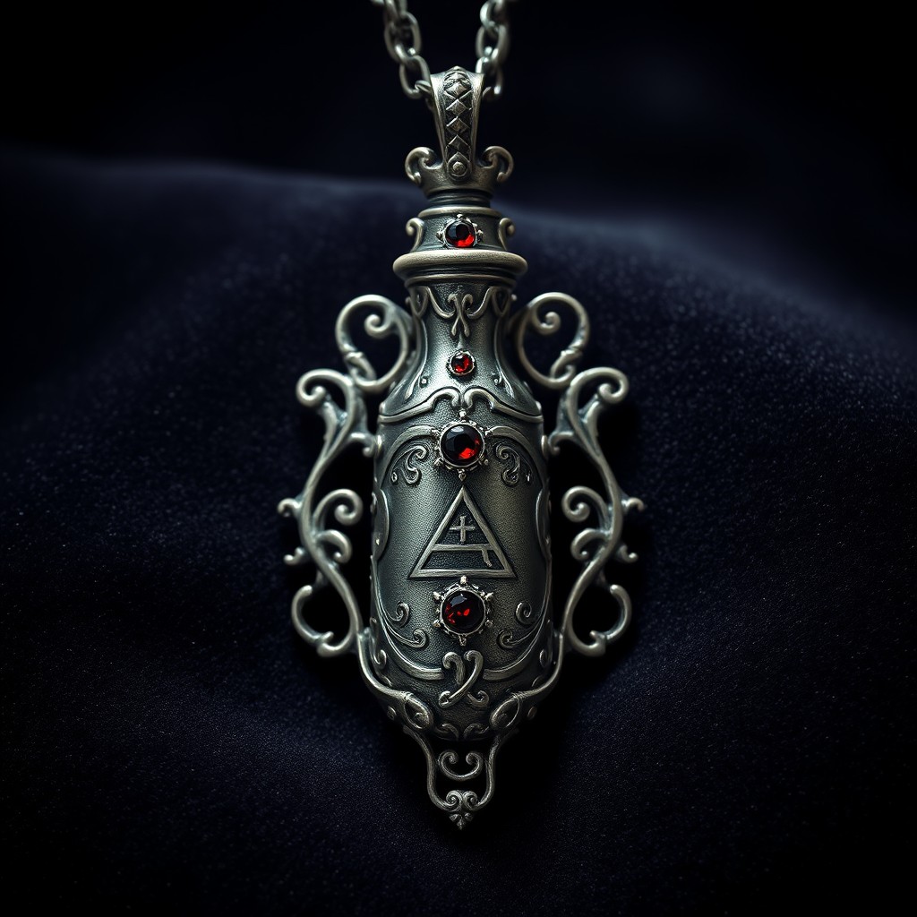 An exquisite, intricate gothic pendant in the shape of a blood vial, crafted from aged silver with ornate engravings featuring mystical symbols