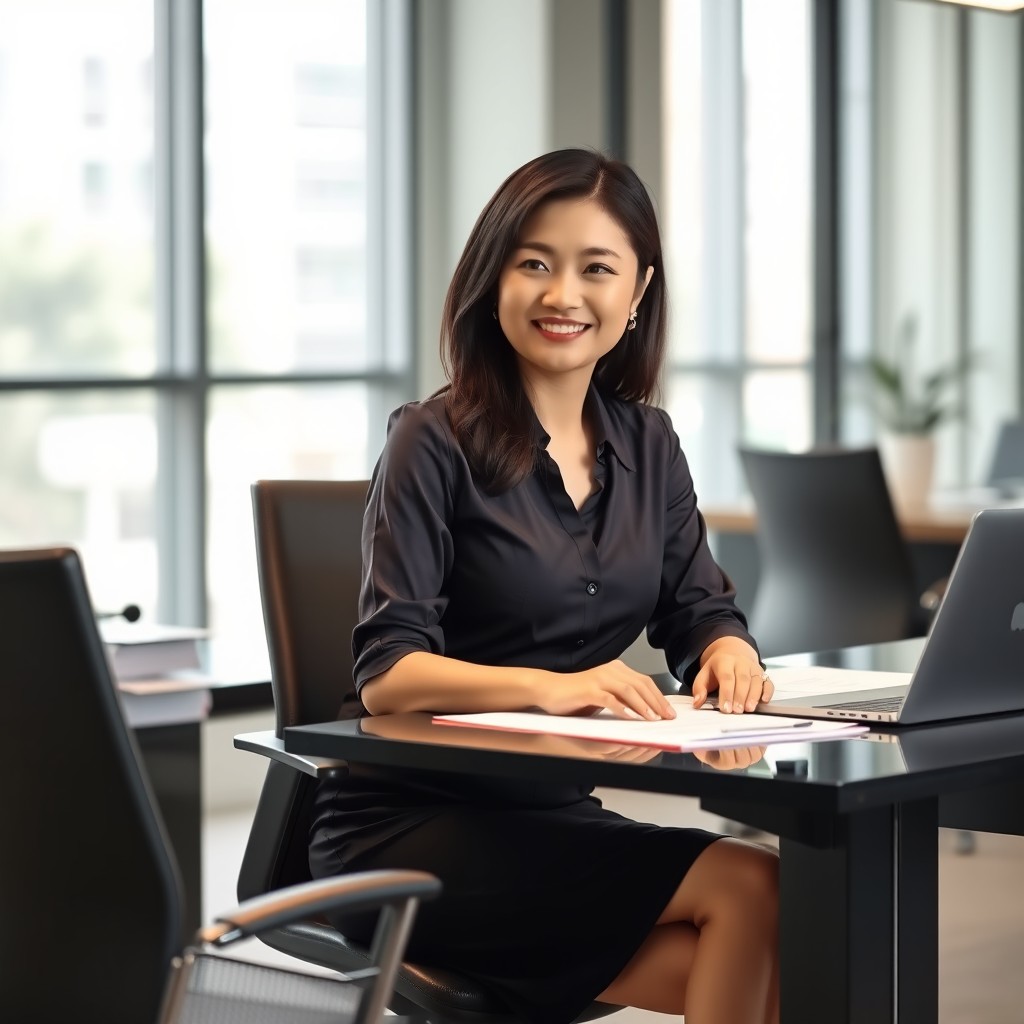 A petite Asian secretary with a professional appearance, dressed in a stylish blouse and a pencil skirt, sitting at a modern office desk surrounded by paperwork and a laptop