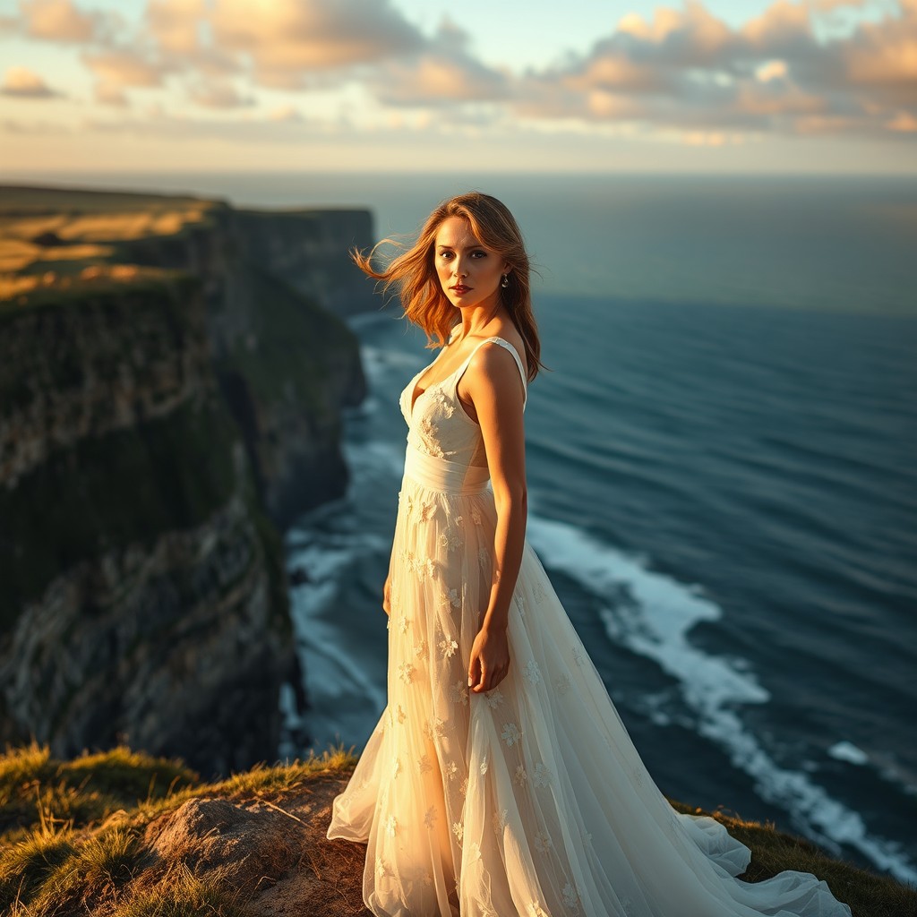 A breathtaking view of dramatic coastal cliffs in Ireland at golden hour, featuring a stunning model named Nava in elegant white jasmine floral dresses