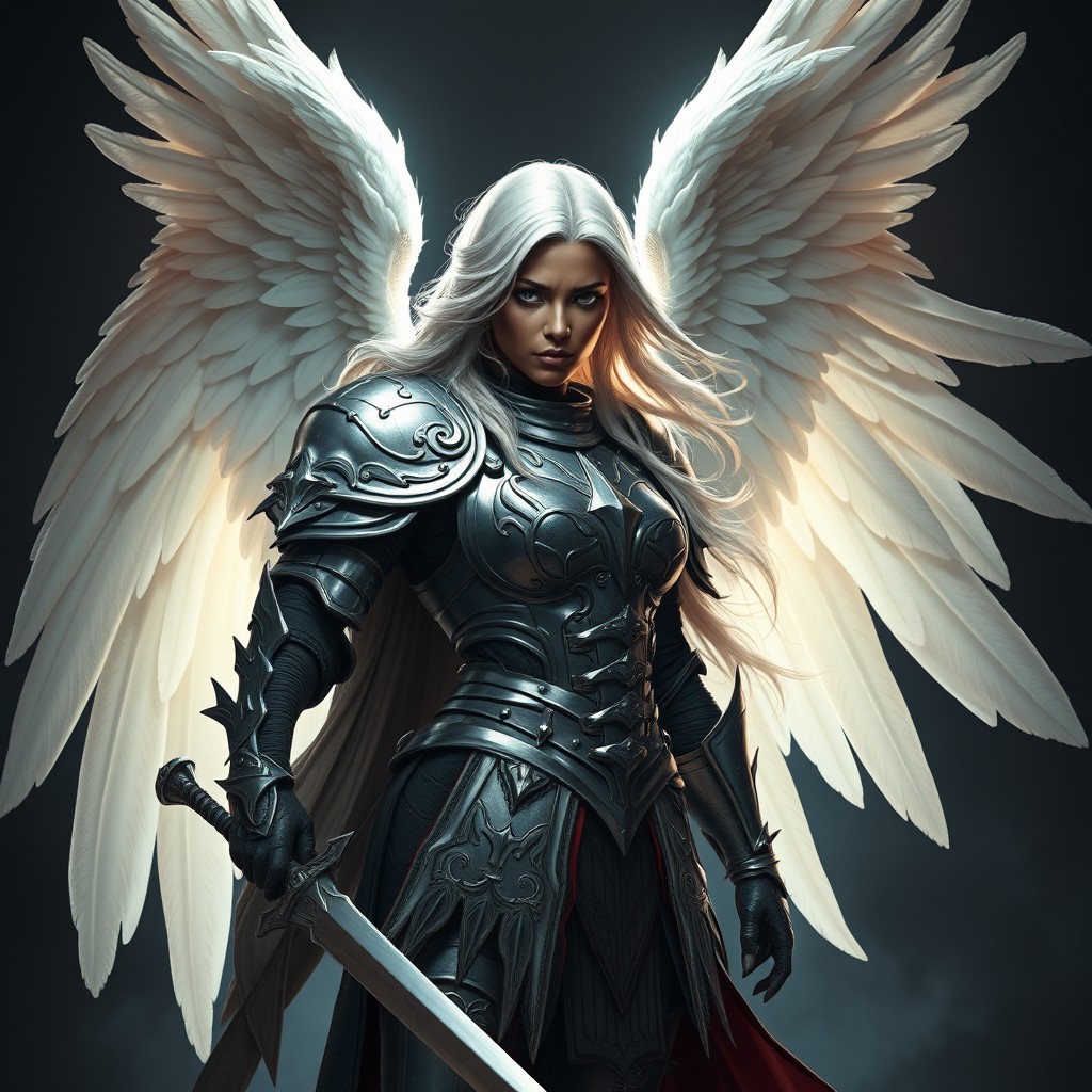 A fierce angelic female warrior stands boldly, showcasing her dark skin contrasted by her flowing, light hair