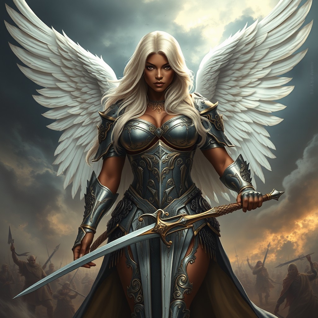 A fierce angelic female warrior stands confidently, showcasing her dark skin and strikingly light hair that cascades down her shoulders