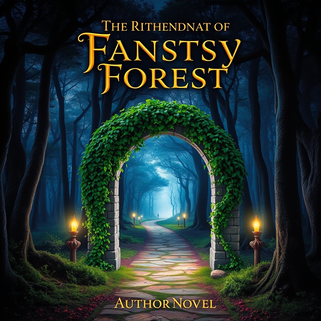 A captivating book cover design featuring a mystical forest at twilight, with a path leading into the dense trees illuminated by soft, ethereal lights
