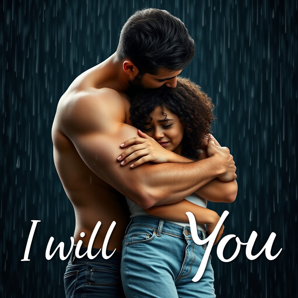 A high, muscular brunette man tightly embracing a crying girl under the rain, possibly kissing her tenderly