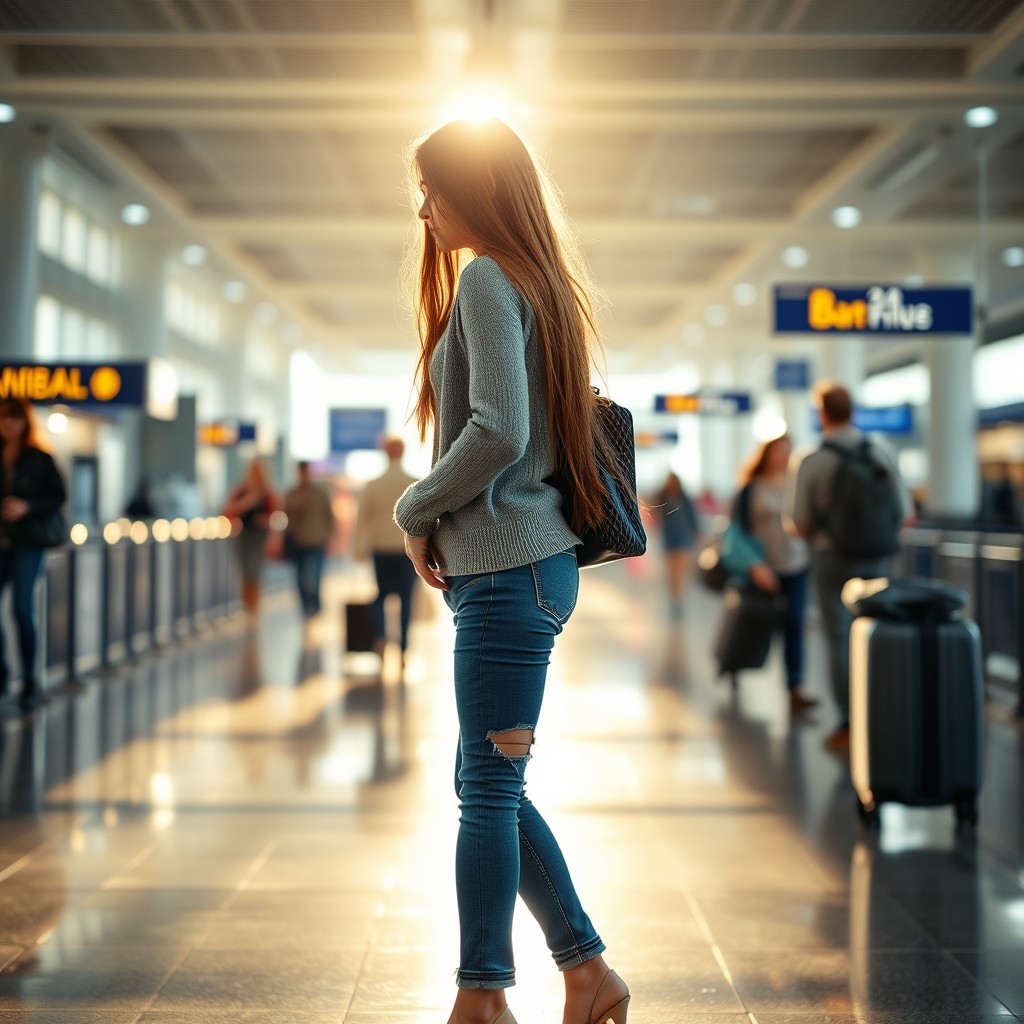 A beautiful young brunette girl, around 20 years old, standing at the airport