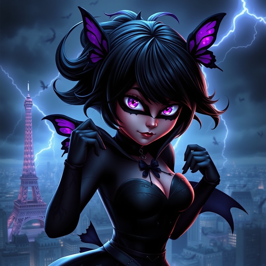 An intense and dramatic portrayal of Marinette from 'Miraculous Ladybug' after being akumatized, featuring her transformed into a dark and powerful version of herself