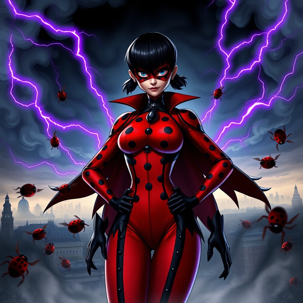 A striking depiction of Lady Misfortune, the akumatized version of Marinette Dupain-Cheng from 'Miraculous: Tales of Ladybug & Cat Noir'