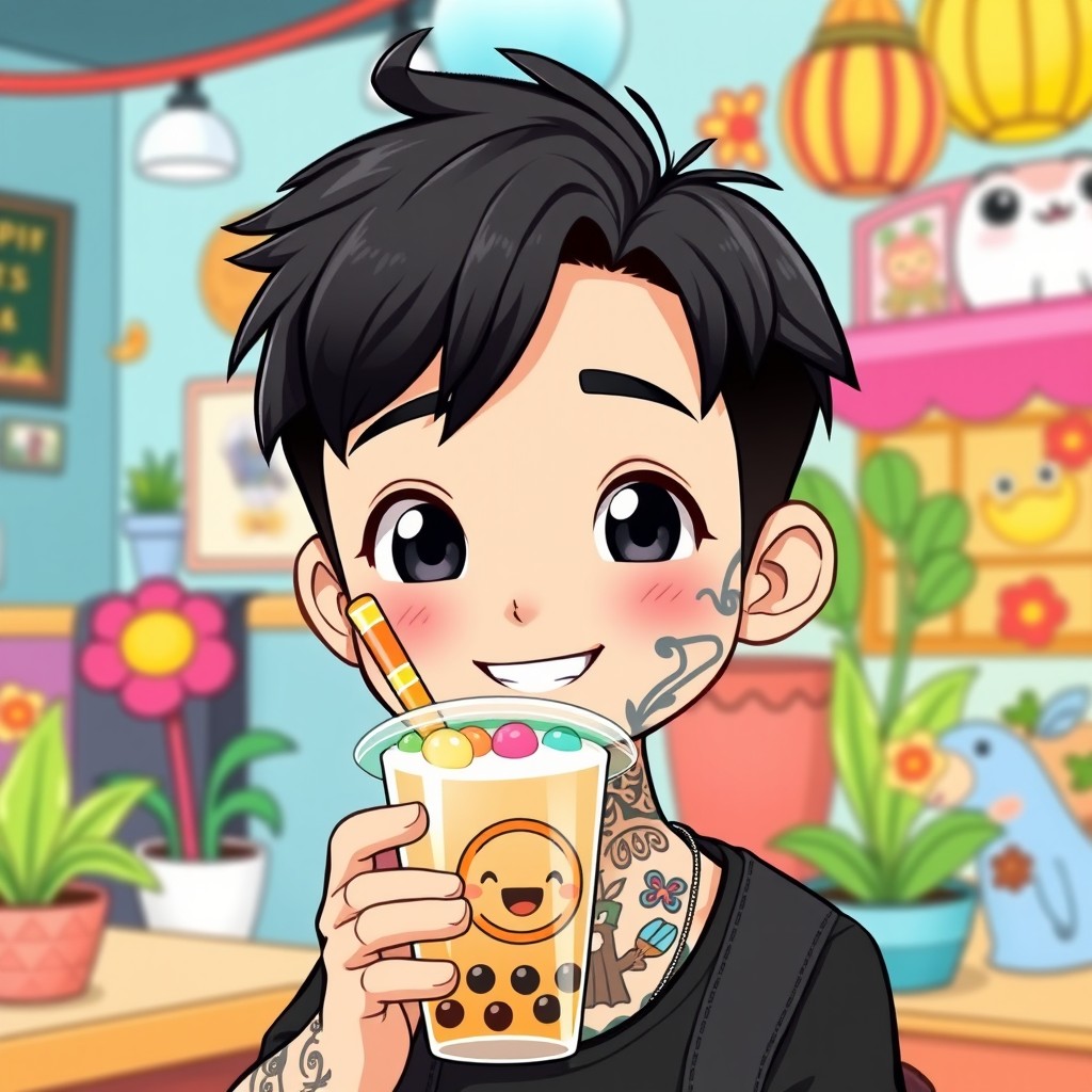A cute animated Asian guy with a full neck and face tattoo, smiling cheerfully as he drinks a bubble tea, surrounded by a vibrant café setting with colorful decorations