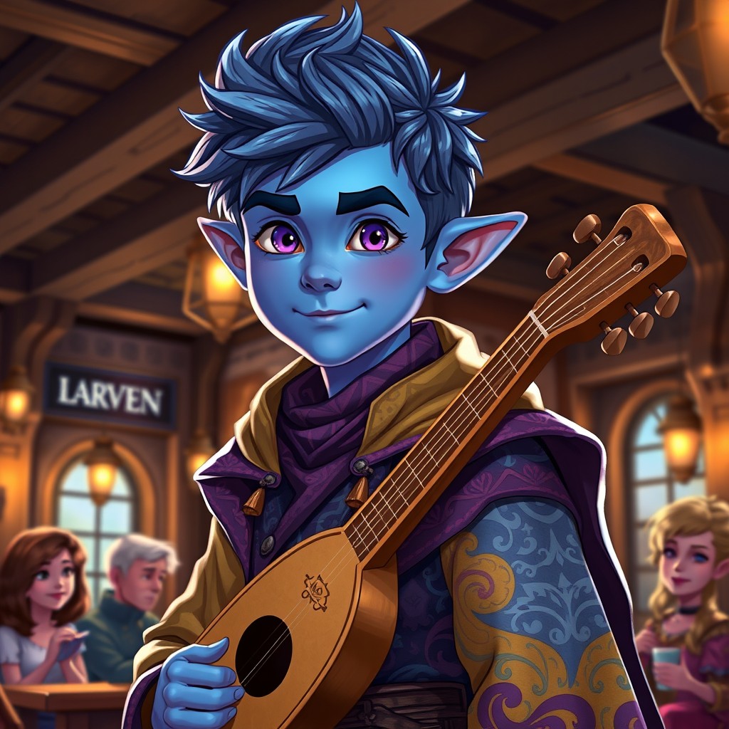 A teenage male halfling bard with sapphire blue skin and striking lilac eyes