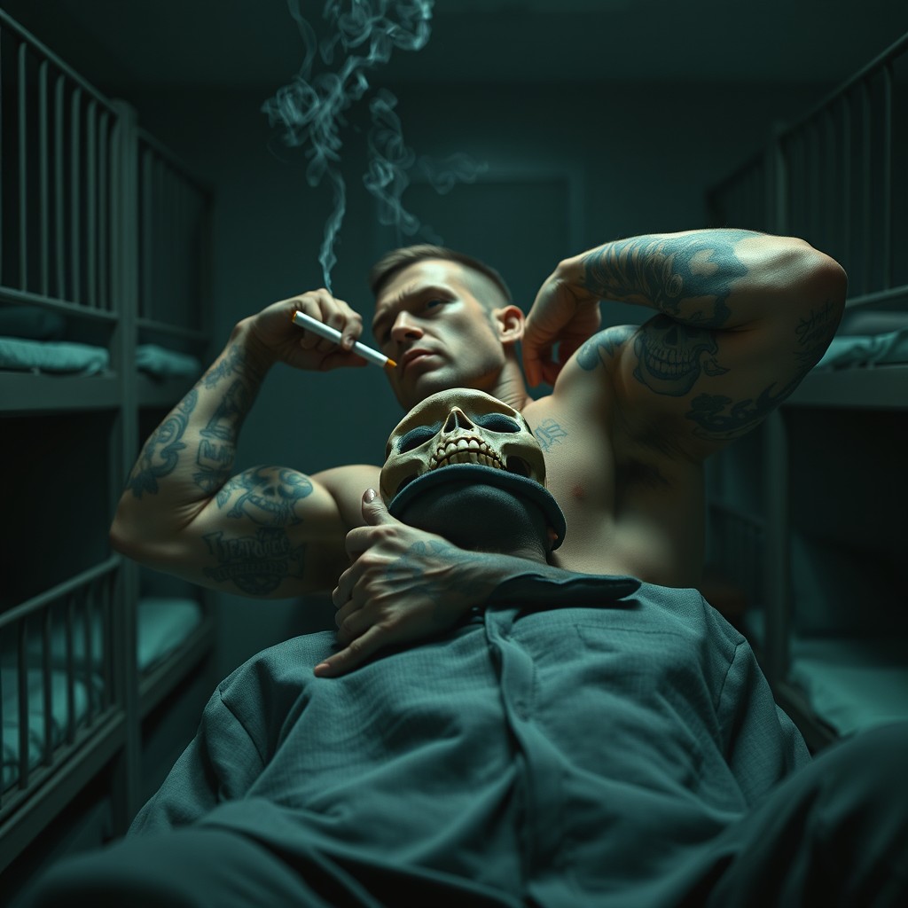 In a dimly lit prison cell, a healthy young muscular inmate lounges semi-recumbent, covered in tattoos and smoking a cigarette