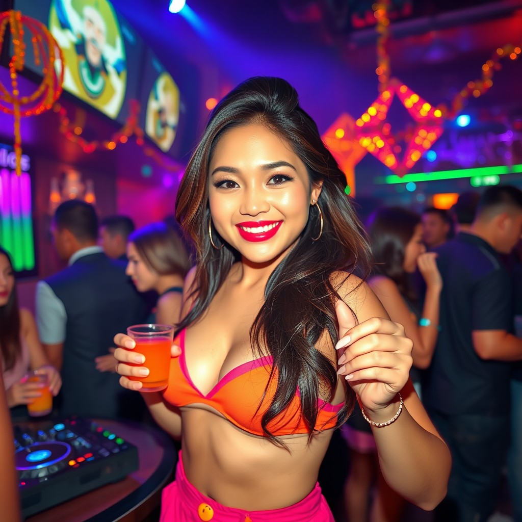 A stylish Asian woman enjoying a night out at a vibrant nightclub