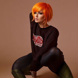 A woman with short, boyish hair in black and orange hues, dressed in a black hoodie reminiscent of a Kit Kat bar and matching leggings