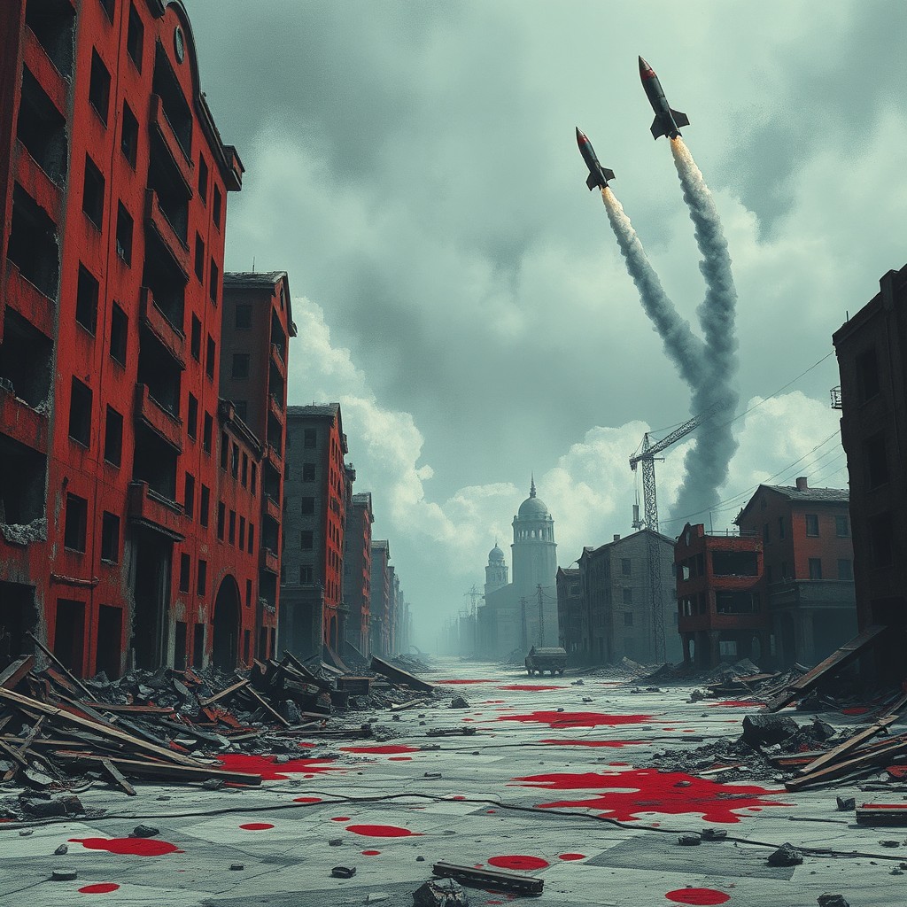A haunting scene of a dystopian city in ruins, with crumbling buildings painted in dramatic red, black, and white colors