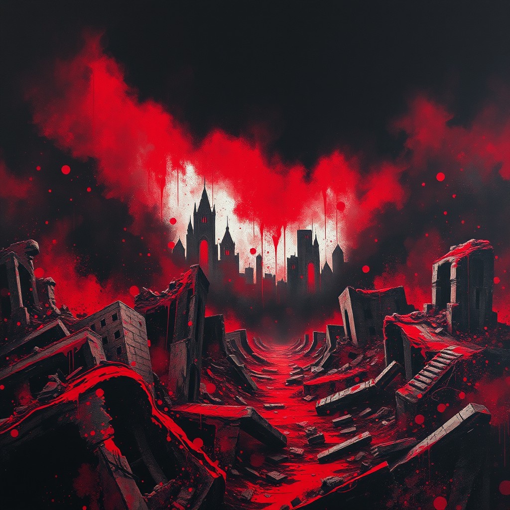 A striking depiction of a ruined city, dominated by a palette of red, black, and white colors