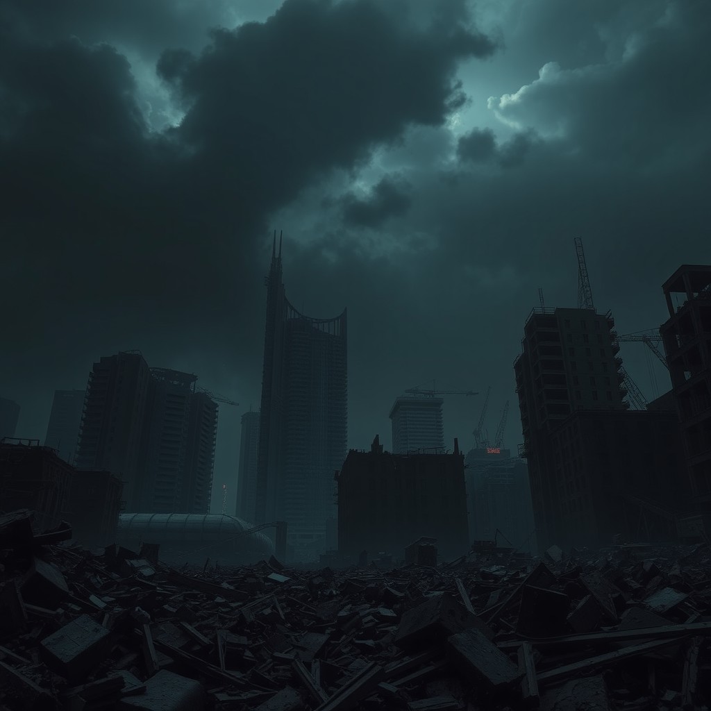 A dystopian scene of ruined buildings in a large city, showcasing broken skyscrapers and crumbling infrastructure under a menacing black sky