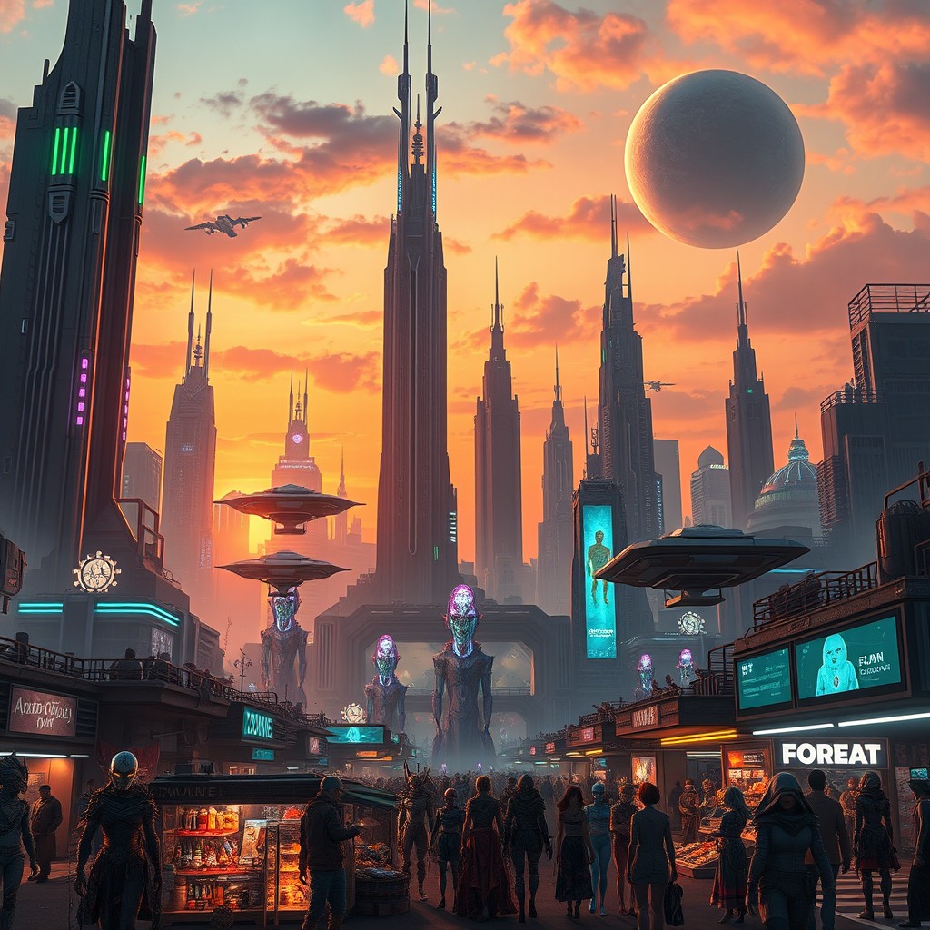 A breathtaking science fiction scene showcasing an intergalactic city skyline at sunset, featuring towering futuristic skyscrapers with neon lights glowing in various colors