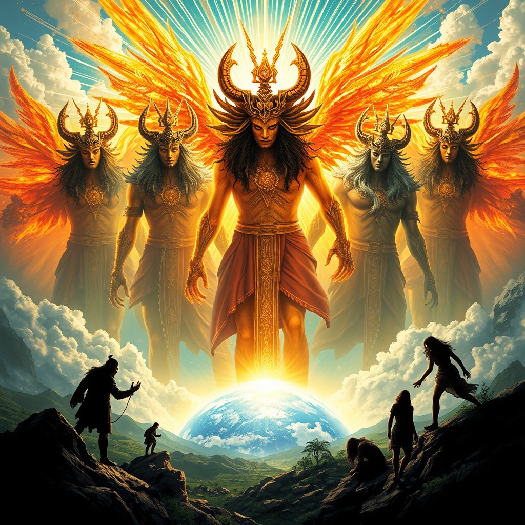 A poignant depiction of the ancient myth of the pewma antu, immortal beings of light and fire who once ruled the cosmos