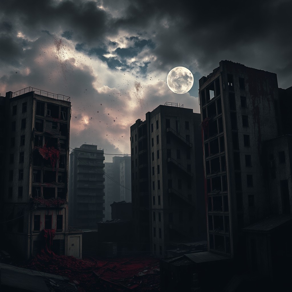 A haunting scene of ruined buildings in a large city, predominantly featuring a color palette of red, black, and white