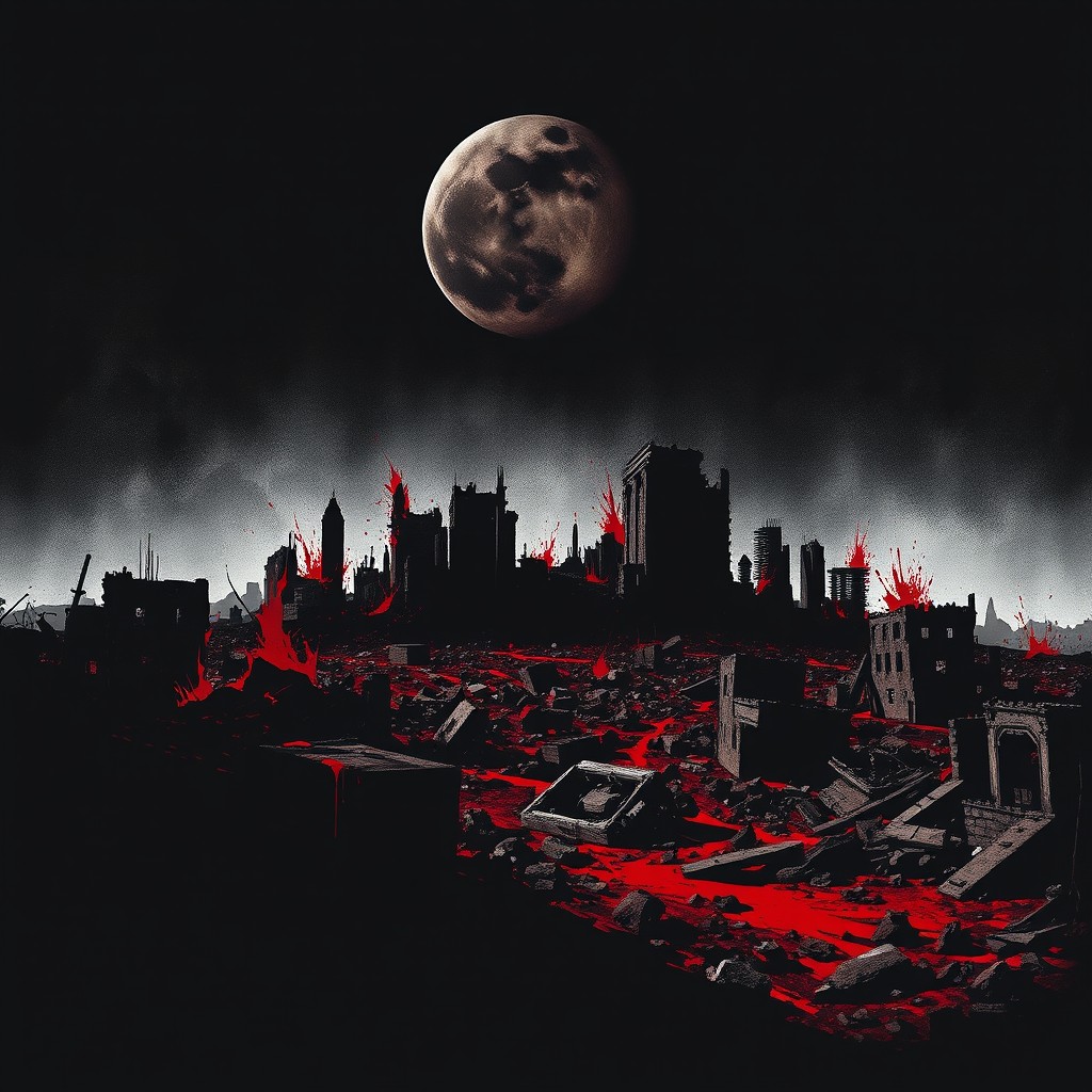 A striking depiction of a ruined city landscape, drenched in a color scheme of red, black, and white