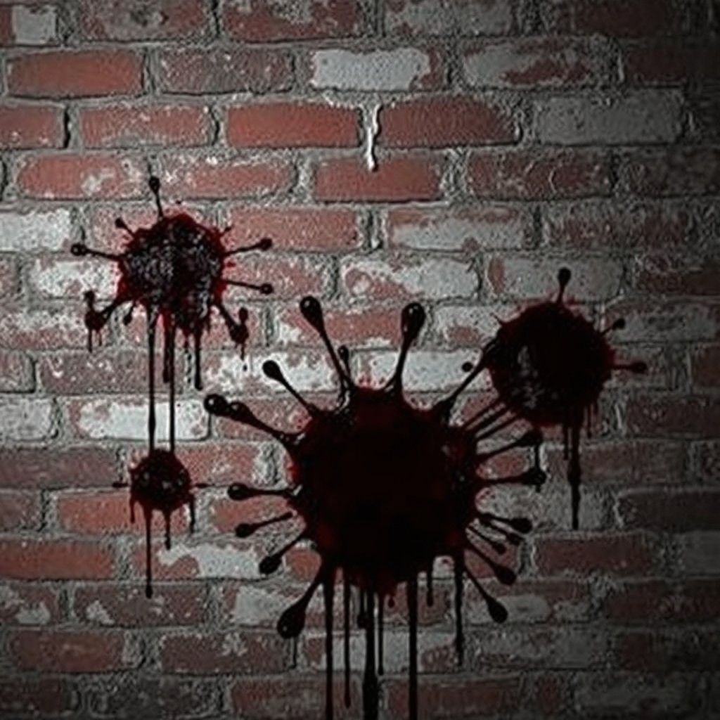 A haunting scene featuring a dilapidated brick wall, predominantly in shades of red, black, and white