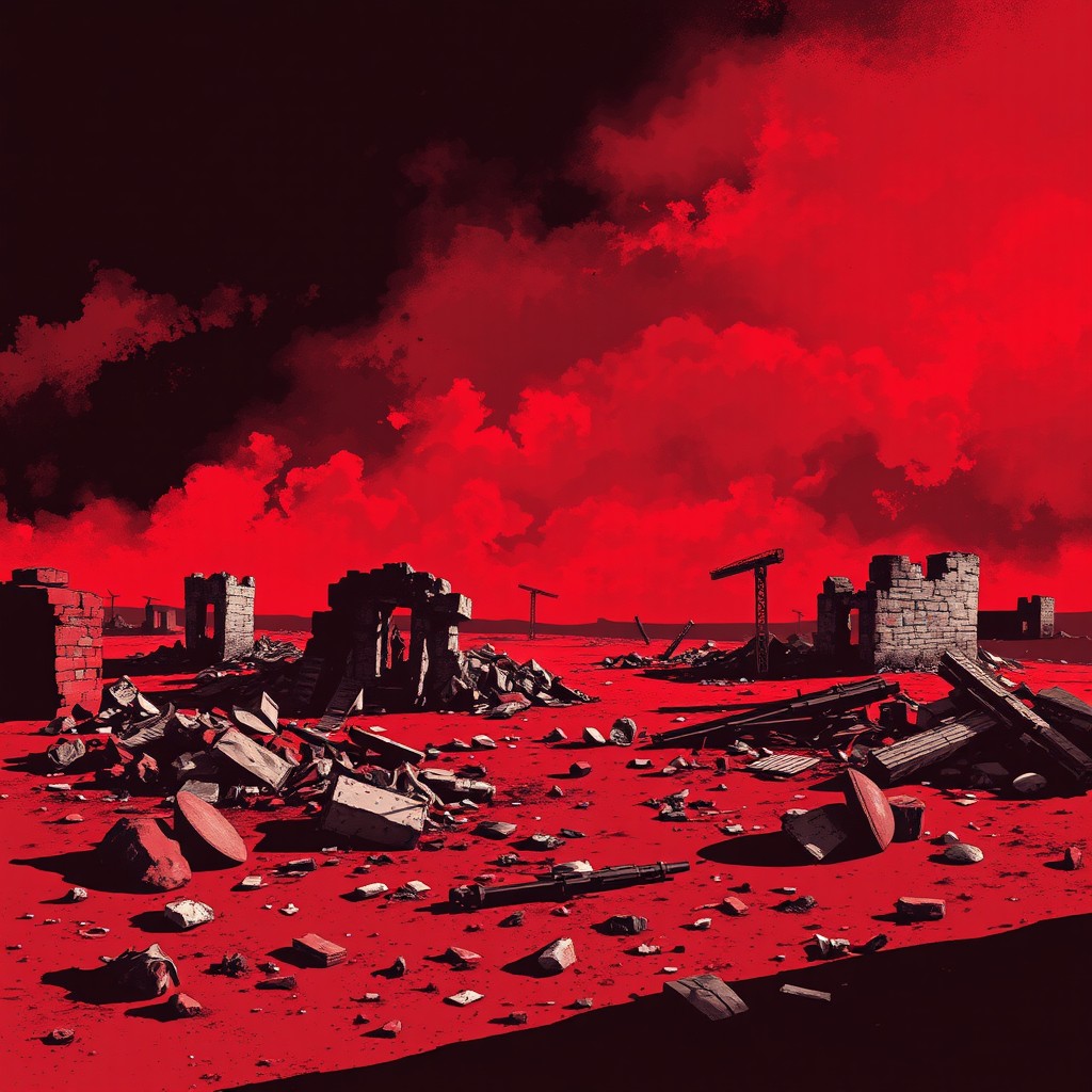 An evocative scene depicting the ruins of war, illustrated in a striking palette of red, black, and white