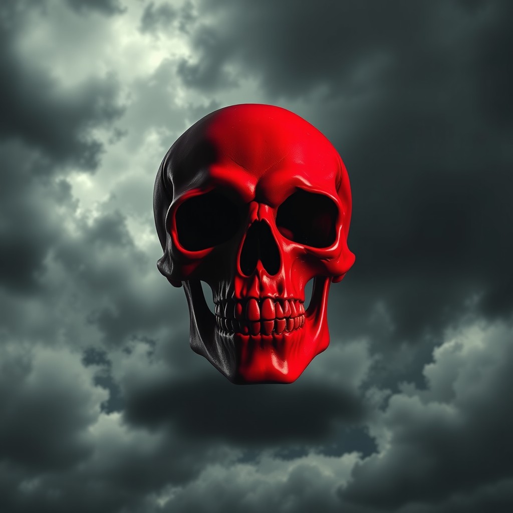 A striking image of a red, grinning skull positioned prominently against a gloomy, dark sky