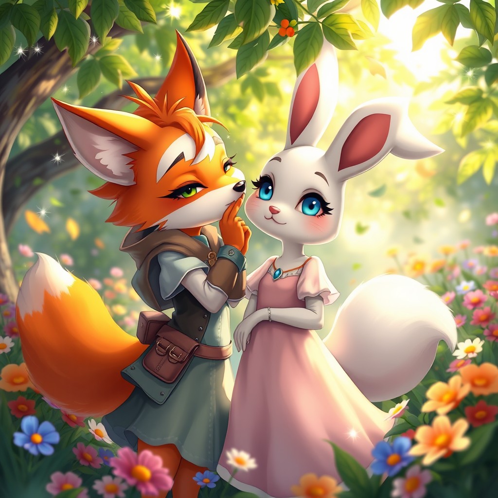 A vibrant fantasy scene depicting two animal girls, resembling anthropomorphic characters, passionately kissing