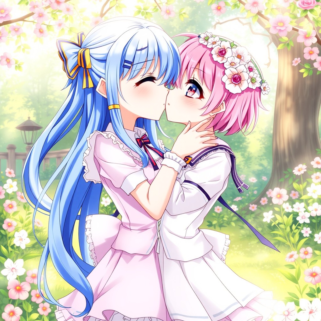 Two anime girls sharing a romantic kiss, with vibrant, expressive eyes and colorful hairstyles