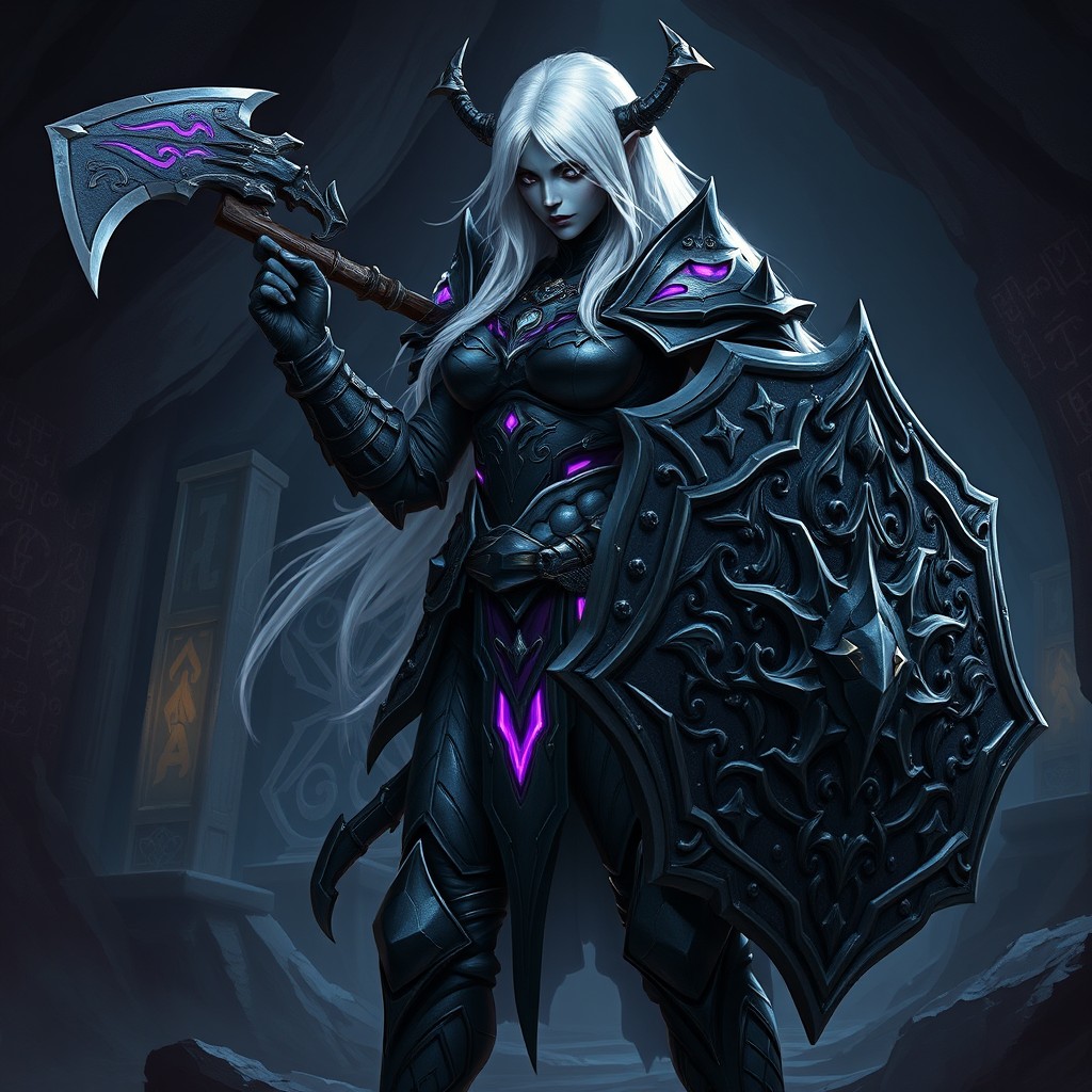 A powerful female drow warrior standing confidently in heavy armor, intricately designed with dark metallic textures and glowing purple accents, holding a formidable mace in one hand and a large, ornate shield in the other