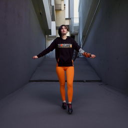 A woman with short, boyish hair in black and orange hues, dressed in a black hoodie reminiscent of a Kit Kat bar and matching leggings